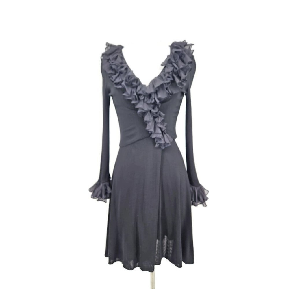 VTG Mr Blackwell Custom Black Dress Womens XS/S Ruffle Trim Surplice Skirt - Picture 3 of 10